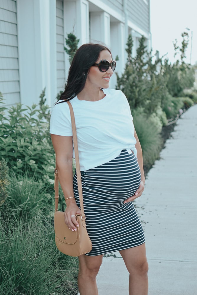 pregnant woman in a striped dress