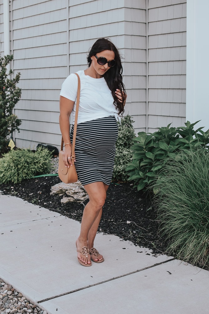 pregnant woman wearing a striped dress