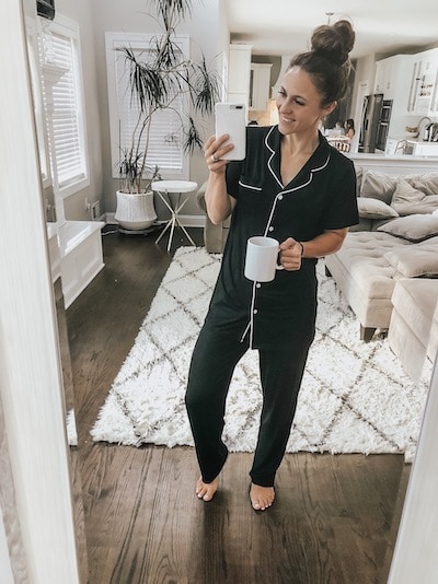 woman wearing a black 2 piece pajama set