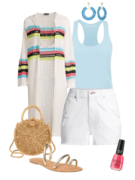 long knit cardigan, rattan purse, white shorts, and a blue tank top outfit idea