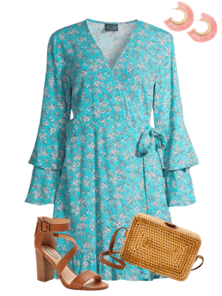 a floral dress with brown sandals and a rattan purse outfit idea