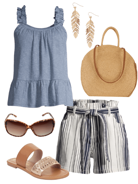 paperbag shorts and peplum tank top outfit idea