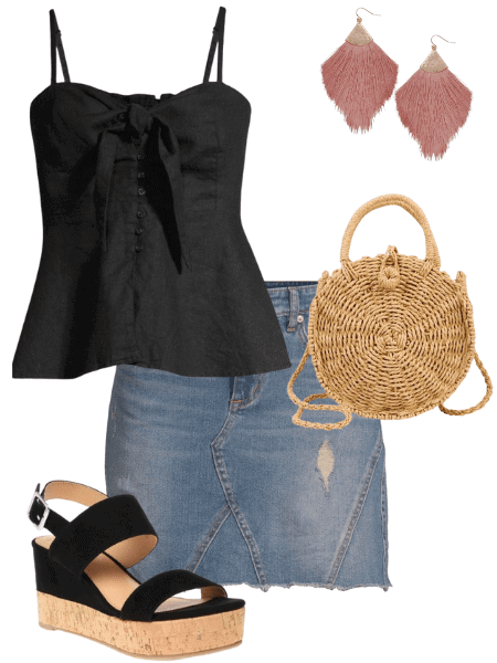 denim skirt and black tank top outfit idea