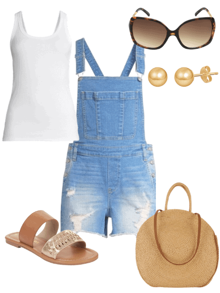 overalls with slides and a tank top outfit idea