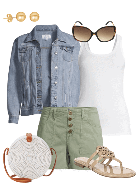 denim jacket and cargo shorts outfit idea