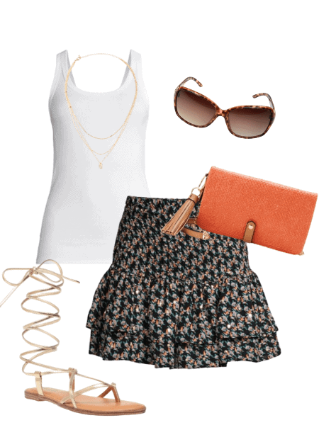 floral skirt and tank top outfit idea