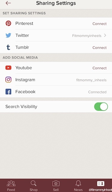 A poshmark sharing settings screenshot. 