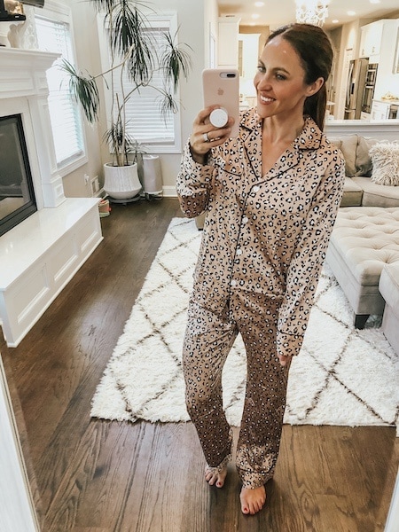 woman wearing leopard pajamas - cute fall outfits