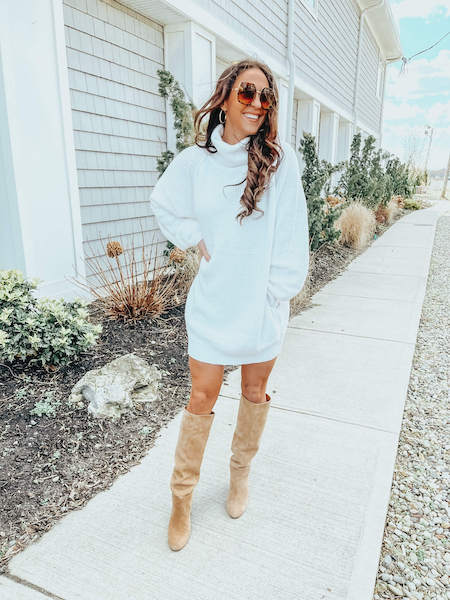 woman in white sweater dress with low shoe vamp boots