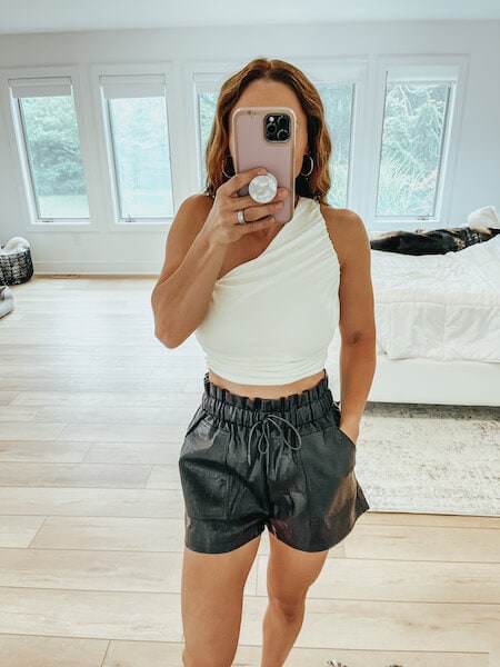 black faux leather paperbag shorts & crop top outfit