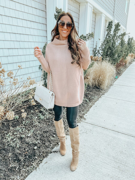 woman in tan sweater and black leggings - how to wear an oversized sweater