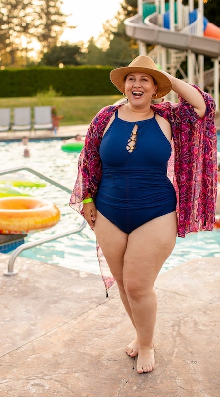 plus size woman at a pool party