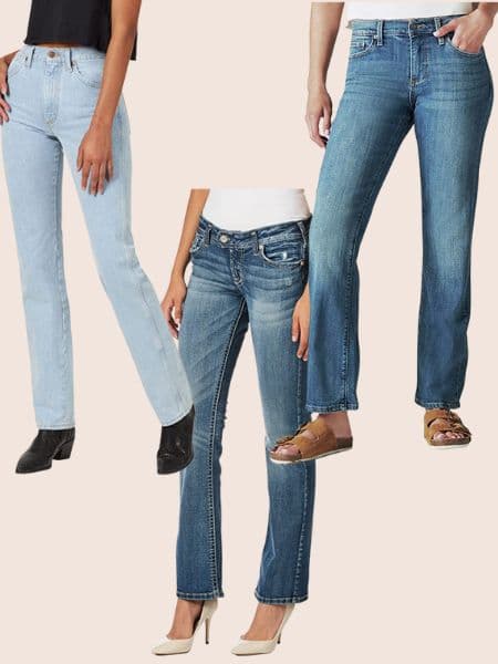 3 pairs of jeans with different styles of shoes