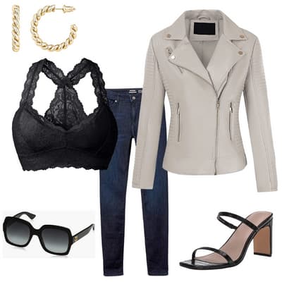 lace bralett eand moto jacket outfit idea - bralette, moto jacket, black sandals, black sunglasses, dark wash jeans
