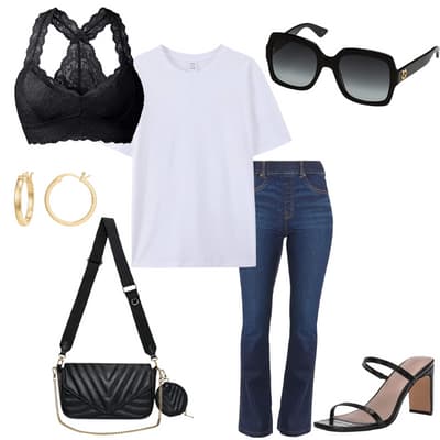 bralette outfit idea - lace bralette, white tshirt, black heels, black crossbody bag, sunglasses, gold hoop earrings, flare jeans