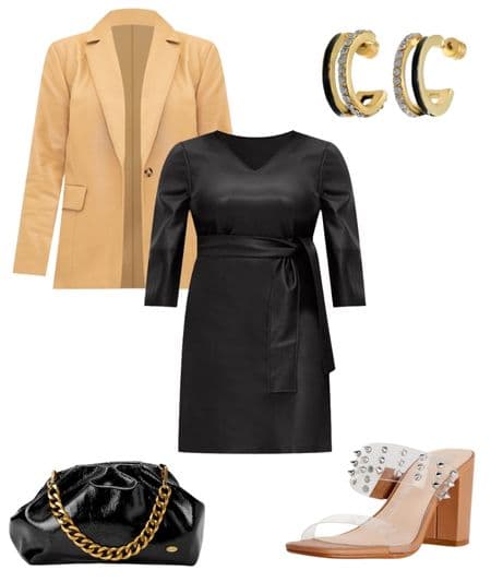 womens tan faux leather blazer, black faux leather dress, gold & black hoop earrings, stud mules, and gold and black purse