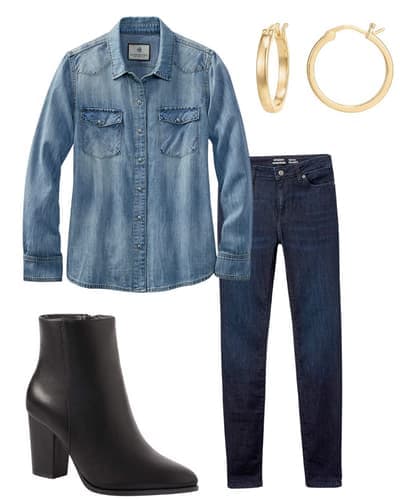 dark jeans outfit for women - gold hoops, blue jeans, black booties, blue button up denim shirt