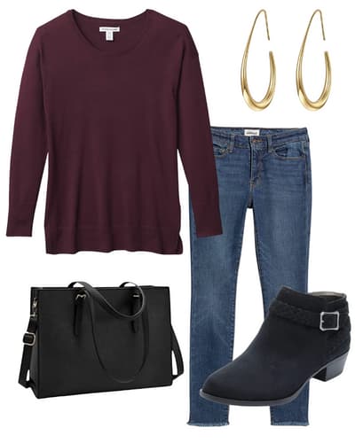 womens dark wash jeans outfit idea - jeans, maroon sweater, black tote bag, black booties, gold earrings