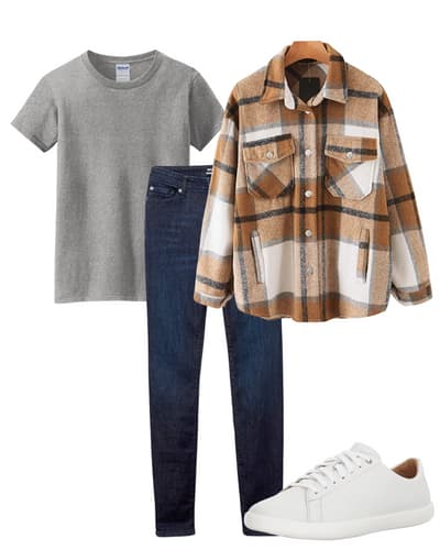 womens dark jeans outfit idea - grey tshirt, dark blue jeans, white sneakers, plaid flannel button up
