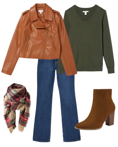 womens dark jeans outfit idea - brown moto jacket, green sweater, plaid scarf, brown booties