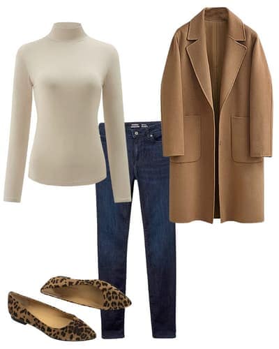 dark jeans outfit for women - tan mock neck shirt, leopard mules, dark wash jeans, tan coat