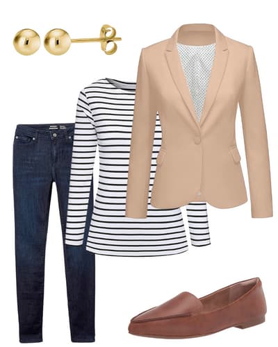womens dark jeans outfit idea - tan blazer, striped long sleeve shirt, brown loafers, dark jeans, gold stud earrings