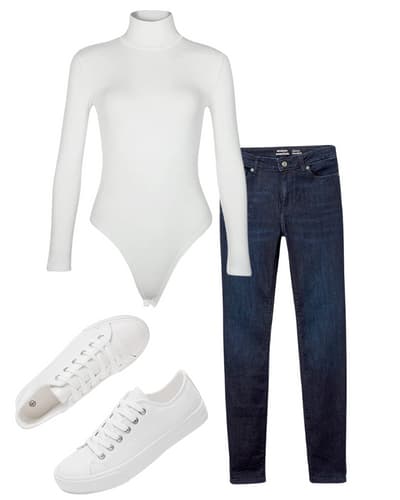 womens dark jeans outfit idea - white turtleneck, white sneakers, dark wash jeans