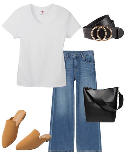 dark jeans outfit for women - white tshirt, wide leg jeans, black tote bag, tan mules, black belt
