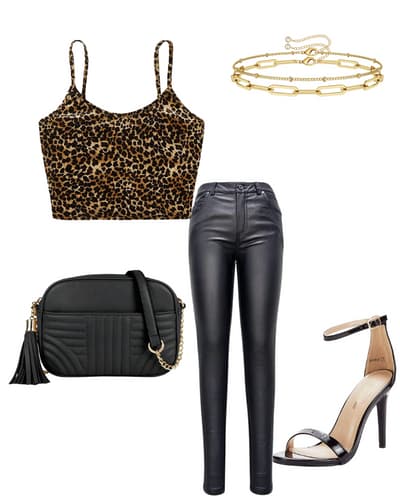 pitbull concert outfit idea for women - black leather pants, leopard crop top, gold bracelets, black ankle strap heels, black purse