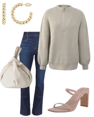 womens dark jeans outfit idea - gold hoop earrings, flare jeans, cream purse, tan open toe sandals, tan quarter zip sweater