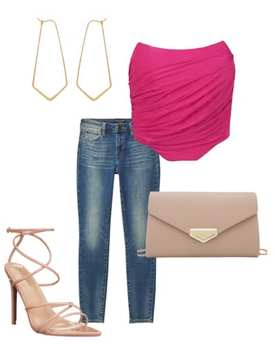 womens pitbull concert outfit idea - pink corset top, nude ankle strap heels, skinny jeans, beige clutch purse, gold earrings
