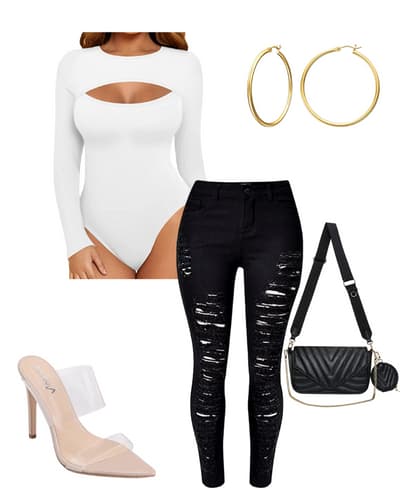 what to wear to a pitbull concert - white bodysuit, black jeans, clear heels, black purse, gold hoop earrings