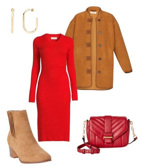 womens red midi sweater dress, tan cocoon coat, red purse, tan booties, and gold earrings