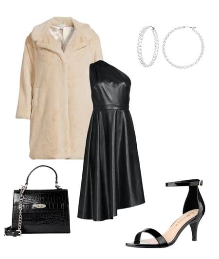 birthday dinner outfit idea - black midi dress, black heels, black purse, tan faux fur coat, silver hoop earrings