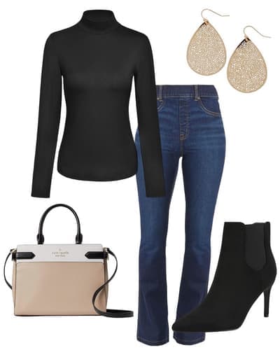 womens dark jeans outfit idea - gold earrings, black turtleneck, dark bell bottom jeans, black booties, tan purse