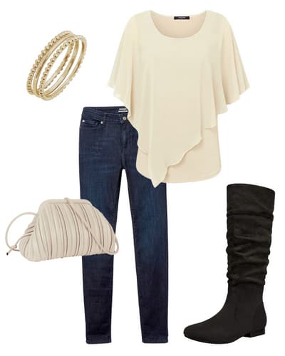 womens dark jeans outfit idea - gold ring, cream blouse, tan purse, dark skinny jeans, flat black boots