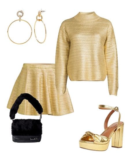 womens gold top, gold skirt, black purse, gold heels, gold earrings