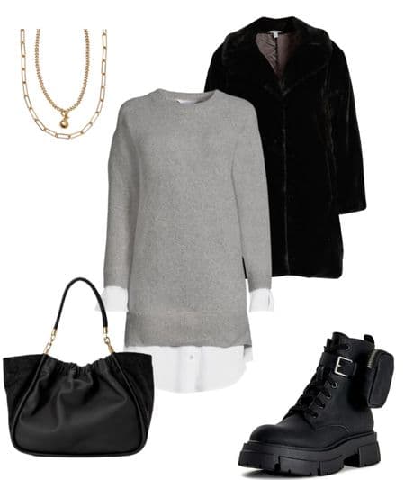 birthday dinner outfit idea - a shirt dress, combat boots, black purse, and black faux fur coat