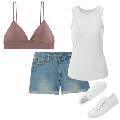 womens bralette outfit idea - pink bralette, white tank top, denim shorts, white sneakers