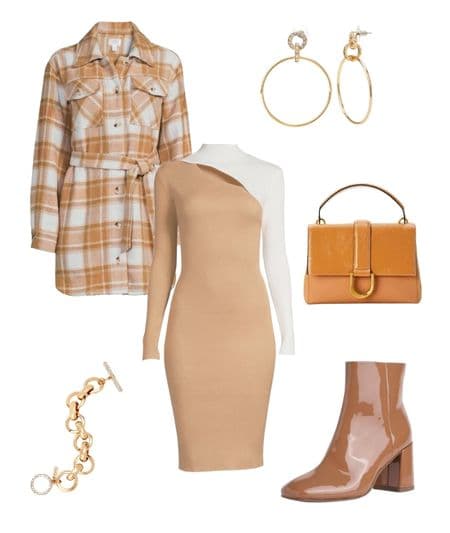 womens plaid shacket, tan & white bodycon midi dress, tan purse, gold hoop earrings, gold bracelet and tan patent leather booties