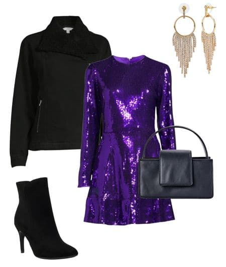 womens purple sequin dress, black jacket, black booties, gold tassel earrings, and black purse