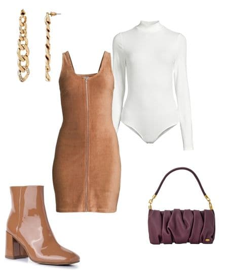 what to wear to a birthday dinner in winter - tan dress, white odysuit, gold earrings, tan booties