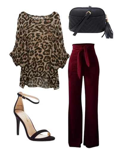 What to wear with Burgundy Pants Women's outfit idea - burgundy trousers, leopard blouse, black stiletto heels, and a black purse
