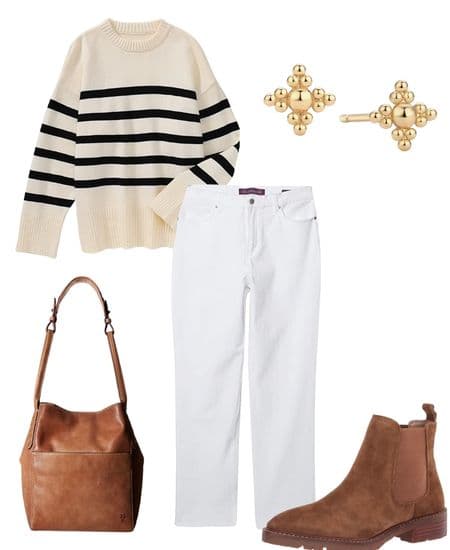 an outfit idea showing how to wear flat ankle boots with jeans and a striped sweater including brown boots, a brown purse, and gold earrings.