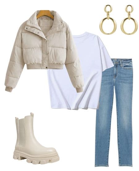How to wear flat ankle boots with a puffer coat outfit idea.