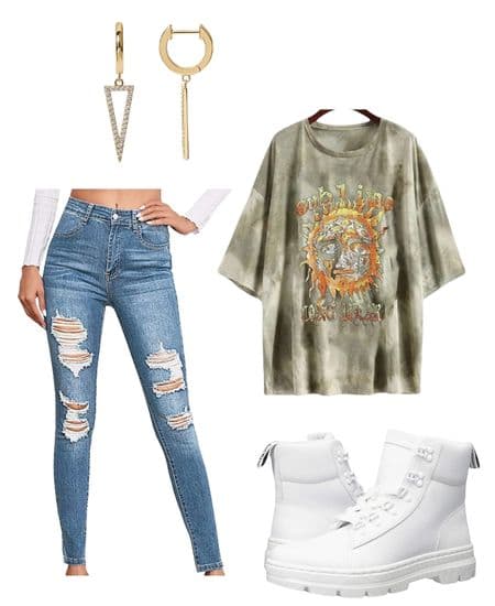 W women's outfit idea that shows how to wear flat ankle boots with jeans including a graphic tshirt, distressed jeans, and white ankle boots