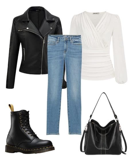 Women's outfit idea showing how to wear flat ankle boots with jeans including a black moto jacket, a white blouse, and combat boots
