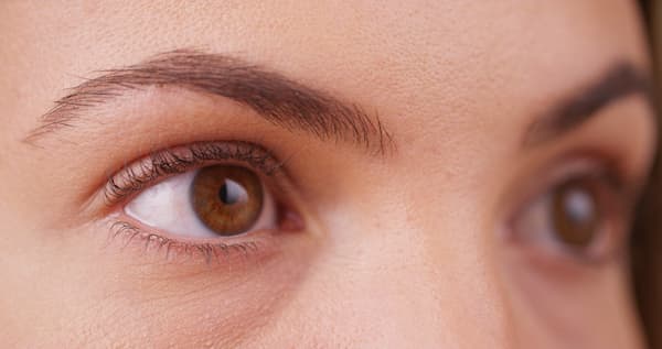 A woman with hair stroke eyebrows.