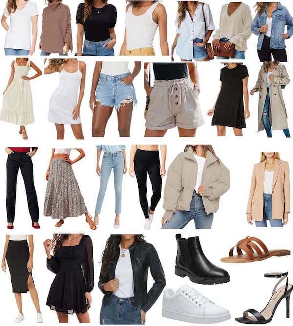 Clothing items for a woman's minimalist capsule wardrobe.