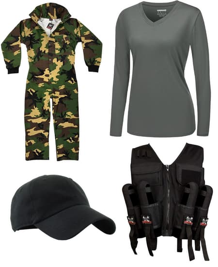 Women's paintball outfit idea including a jumpsuit, long sleeve shirt, vest, and hat.